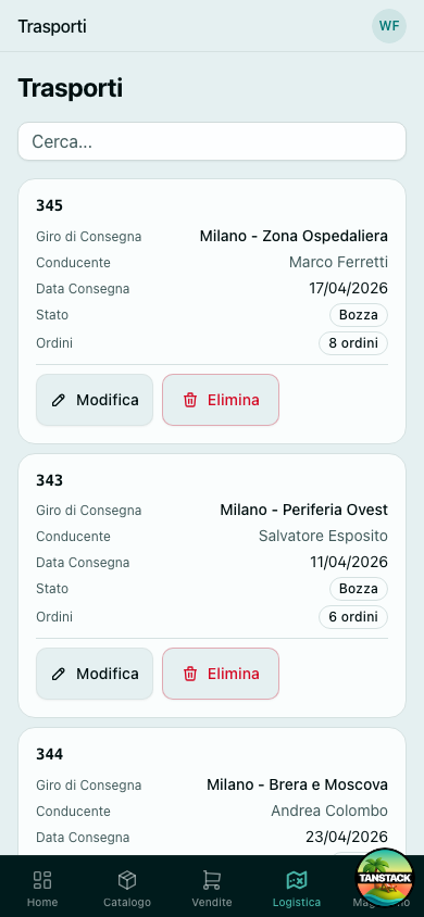App mobile per autisti — lista trasporti su smartphone
