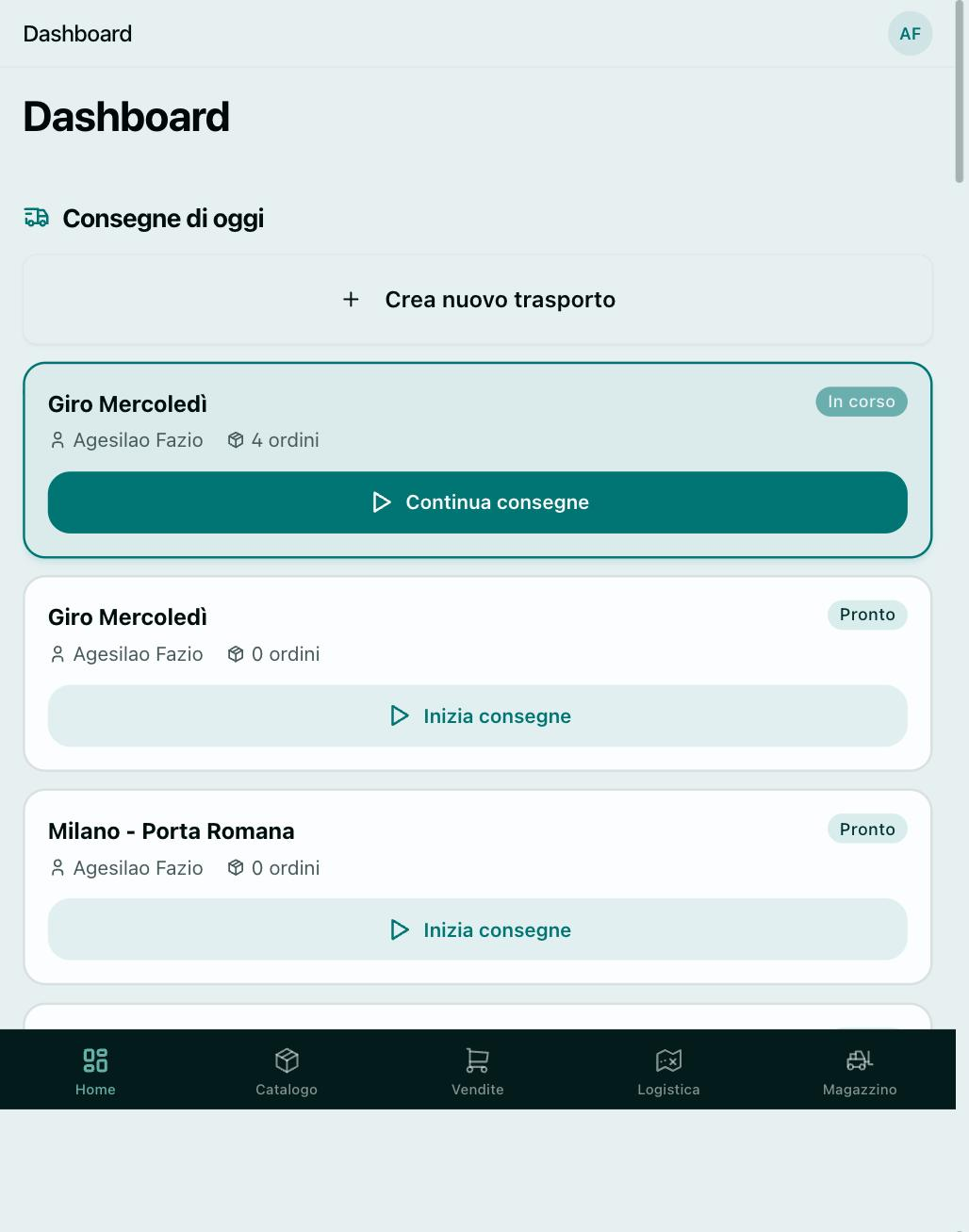 Dashboard mobile — consegne di oggi con accesso rapido al giro