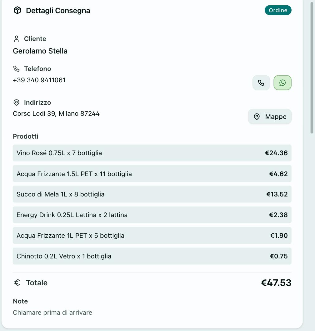 Dettaglio consegna — cliente, telefono, indirizzo e prodotti da consegnare