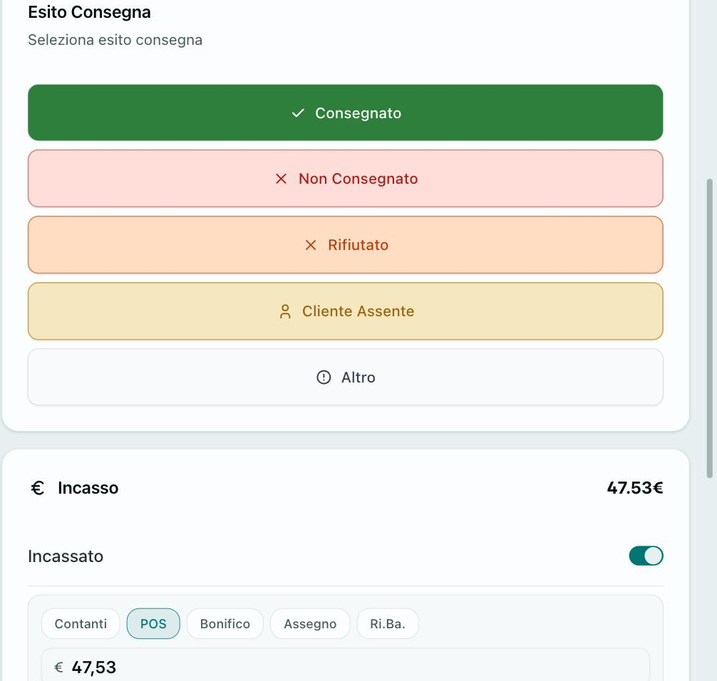 Esito consegna — consegnato, non consegnato, rifiutato o cliente assente