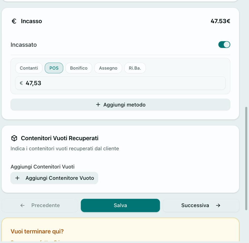 Incasso e vuoti — registrazione pagamento e contenitori resi alla consegna